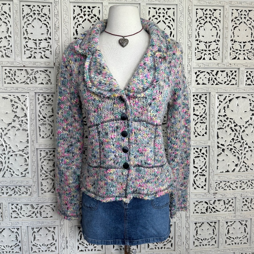 Vtg Nine West Rainbow Colorful Speckled Wool Blend Collared‎ Button Up Cardigan